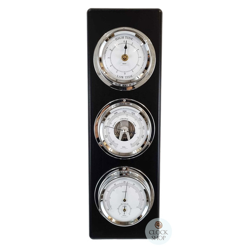 51cm Black Weather Station With Barometer, Thermometer, Hygrometer & Tide Clock By FISCHER