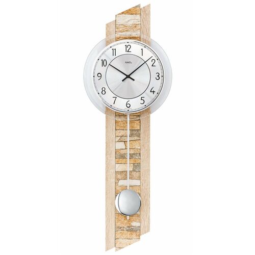 67cm Beech Pendulum Wall Clock With Stone Inlay & Silver Dial By AMS