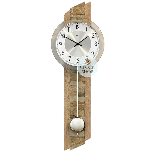 67cm Beech Pendulum Wall Clock With Stone Inlay & Silver Dial By AMS image