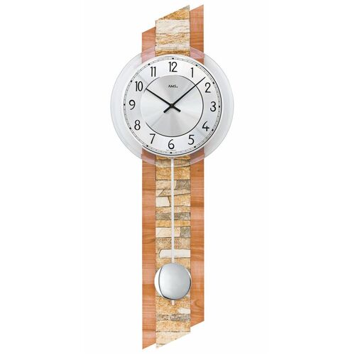 67cm Dark Beech Pendulum Wall Clock With Stone Inlay And Silver Dial By AMS