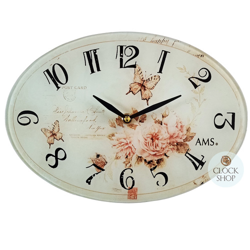 21cm Vintage Floral & Butterfly Oval Glass Wall Clock By AMS image