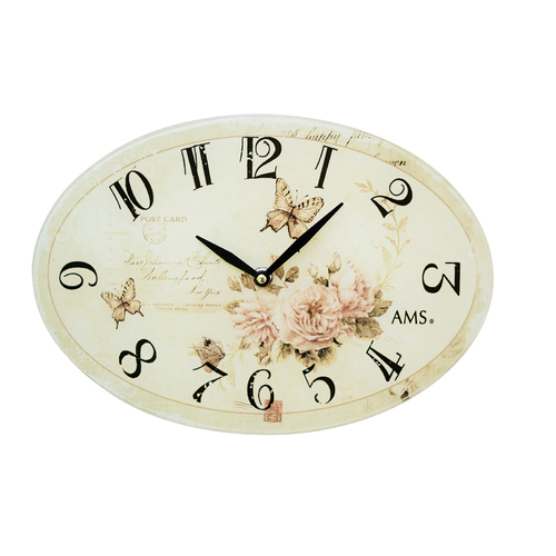 21cm Vintage Floral & Butterfly Oval Glass Wall Clock By AMS