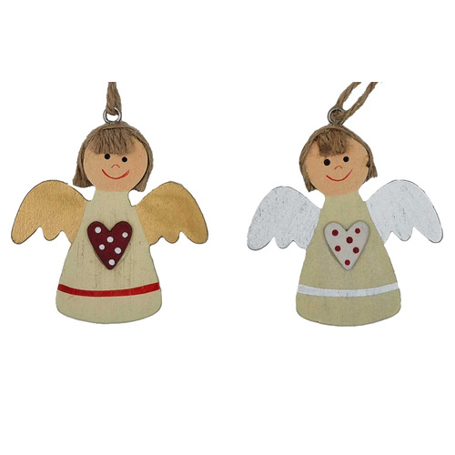 7cm Wooden Angel With Heart Hanging Decoration