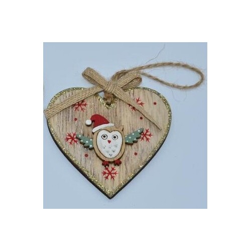 Owl In Heart Wooden Christmas Decoration 7cm 