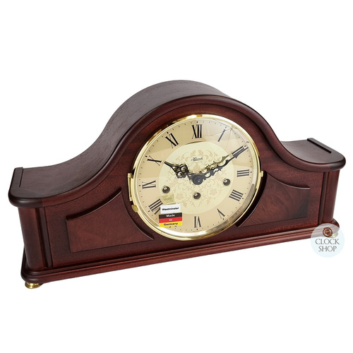 18cm Mahogany Mechanical Tambour Mantel Clock With Westminster Chime & Gold Dial By HERMLE
