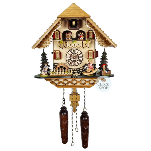 Girl On Rocking Horse Battery Chalet Cuckoo Clock With Waterwheel & Dancers 32cm By TRENKLE image