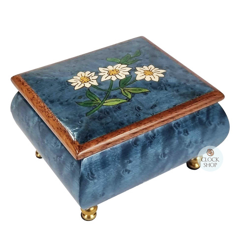 Blue Wooden Music Box With Edelweiss Flowers- Small (Edelweiss)