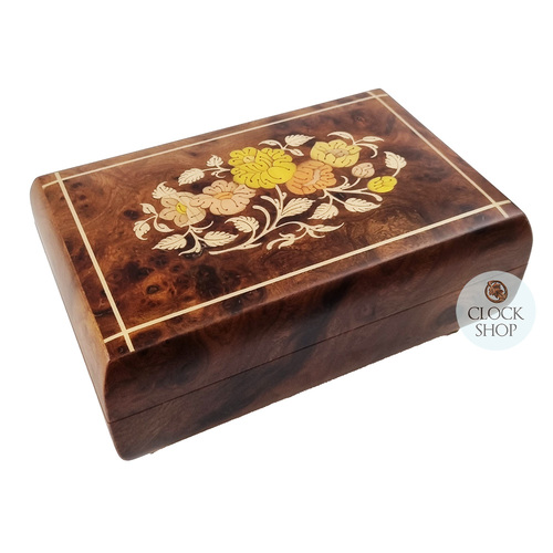 Brown Burl Wooden Musical Jewellery Box With Floral Inlay And Dancing Ballerina - Tune Sleeping Beauty
