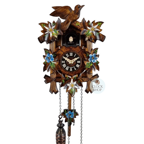 5 Leaf & Bird With Blue Flowers Battery Carved Cuckoo Clock 22cm By ENGSTLER