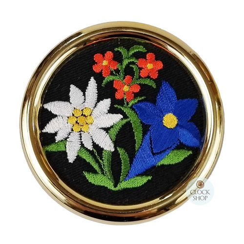 Round Acrylic Music Box With Embroidered Alpine Flowers (Edelweiss)