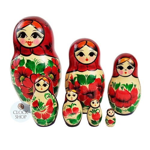 Kirov Russian Nesting Dolls 7 Set With Red Scarf & Purple Dress 15cm