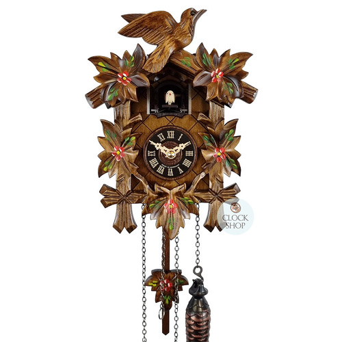 5 Leaf & Bird with Red Flowers Battery Carved Cuckoo Clock 22cm By ENGSTLER