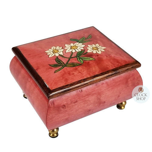 Rose Wooden Music Box With Edelweiss Inlay Tune Edelweiss