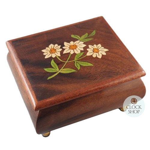 Brown Wooden Music Box With Edelweiss Inlay Tune Edelweiss