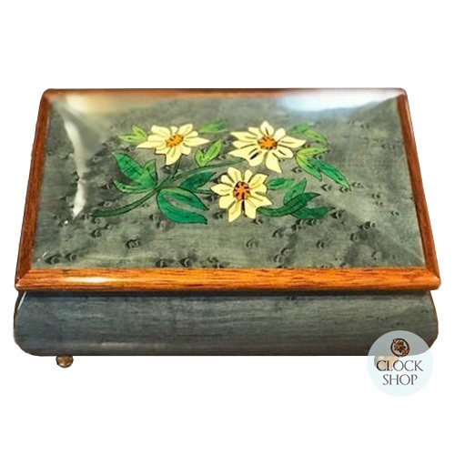 Blue Wooden Musical Jewellery Box With Edelweiss Flowers- Large (Edelweiss)