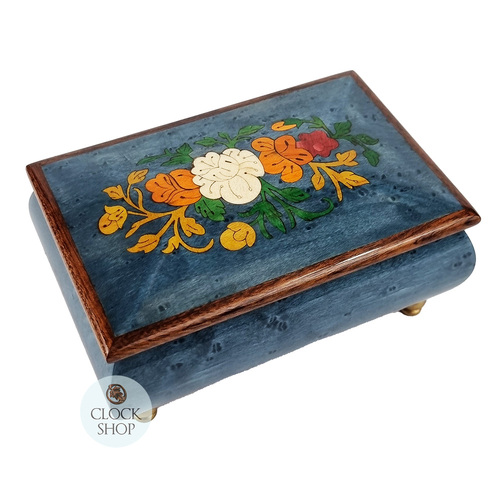 Blue Wooden Musical Jewellery Box With Floral Inlay- Large (Tchaikovsky-Waltz Of The Flowers)