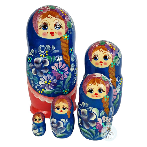 Russian Nesting Dolls 5 Set Medium Blue & Pink Floral 14cm