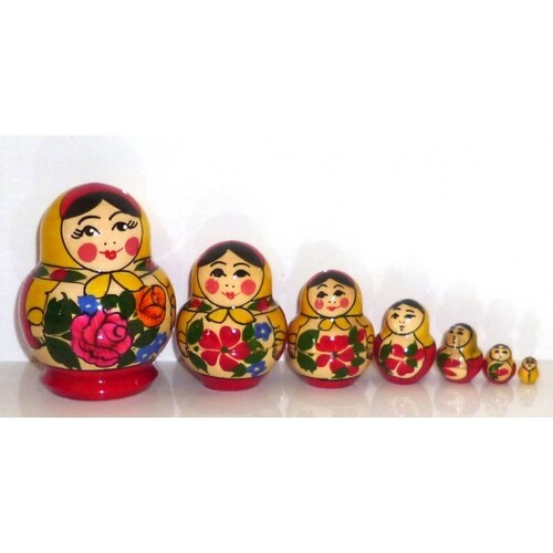 Semenov Squat Russian Nesting Dolls 7 Set With Yellow Scarf & Red Dress 9cm