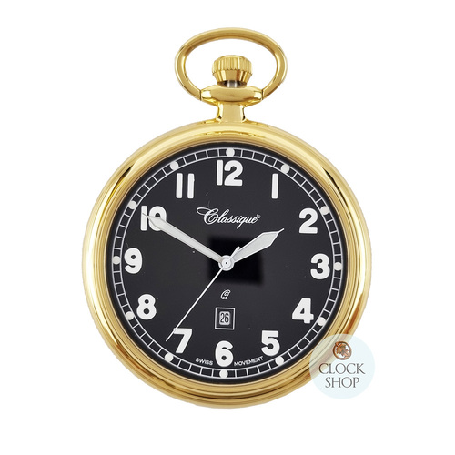 48mm Gold Unisex Pocket Watch With Open Dial By CLASSIQUE (Black Arabic)
