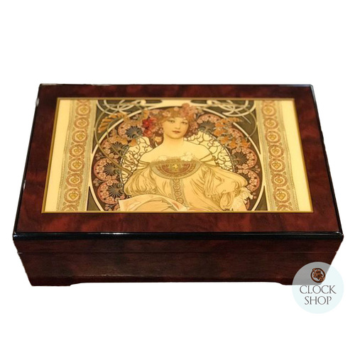 Wooden Musical Jewellery Box With Art Nouveau Woman Tune Love Dream 