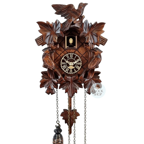 5 Leaf & Bird Battery Carved Cuckoo Clock With Side Birds 22cm By TRENKLE image