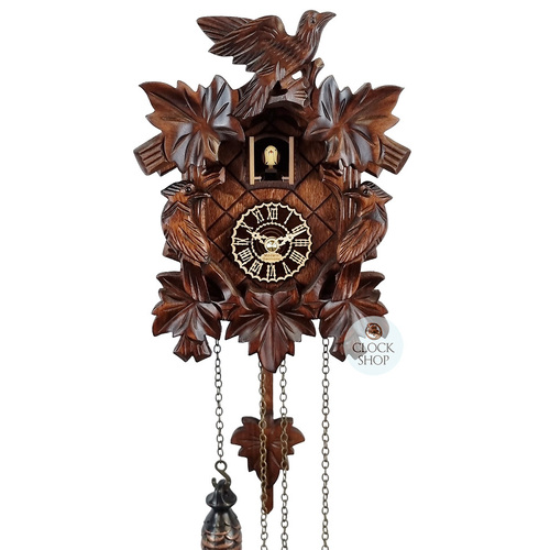 5 Leaf & Bird Battery Carved Cuckoo Clock With Side Birds 22cm By TRENKLE