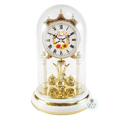 23cm White & Gold Anniversary Clock With Floral Dial By HALLER