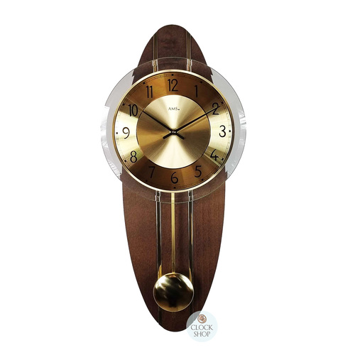 54cm Walnut & Gold Oblong Pendulum Wall Clock By AMS