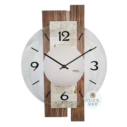 40cm Stone Inlay & Wood Grain Wall Clock With Glass Dial By AMS