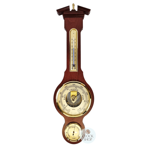 54cm Mahogany Traditional Weather Station With Barometer Thermometer & Hygrometer By FISCHER image