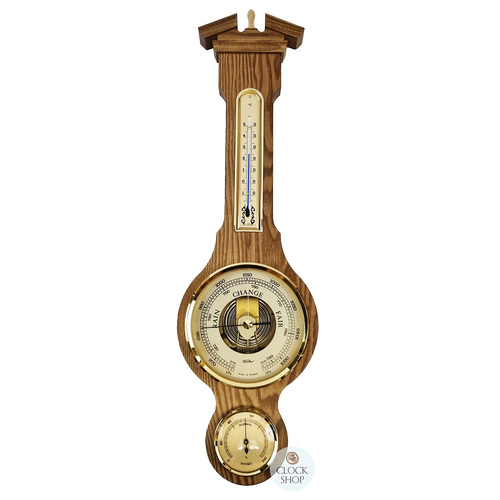 54cm Oak Traditional Weather Station With Barometer Thermometer & Hygrometer By FISCHER image