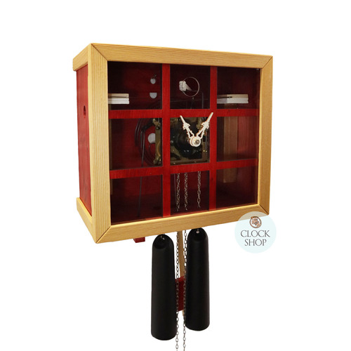 Red Cube 8 Day Mechanical Modern Cuckoo Clock With Clear Front 26cm By ROMBA
