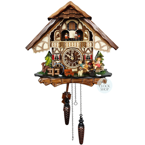 Children on Seesaw & Water Wheel Battery Chalet Cuckoo Clock 34cm By ENGSTLER image