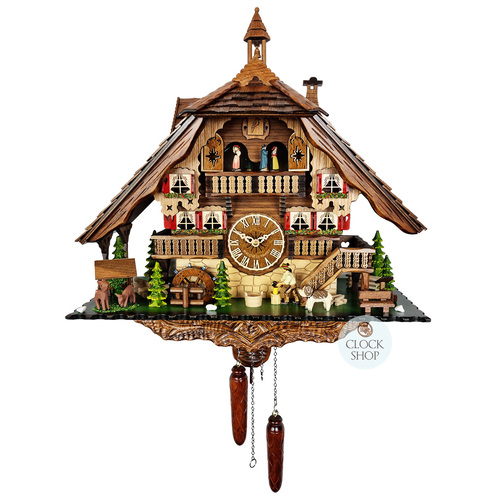 Wood Chopper, Dancers & Water Wheel Battery Chalet Cuckoo Clock 42cm By ENGSTLER