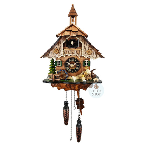 Wood Chopper & Water Wheel Battery Chalet Cuckoo Clock 35cm By ENGSTLER