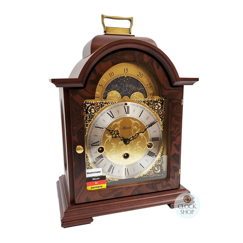 30cm Walnut Mechanical Table Clock With Westminster Chime & Moon Dial By HERMLE