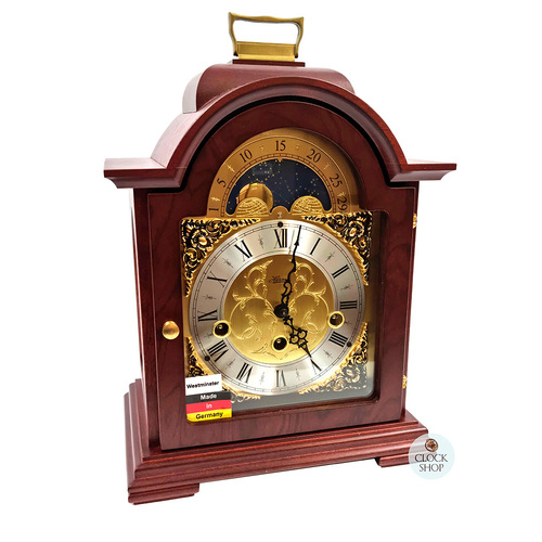30cm Mahogany Mechanical Table Clock With Westminster Chime & Moon Dial By HERMLE