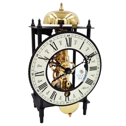 24cm Black & Brass Mechanical Skeleton Table Clock With Bell Strike By HERMLE