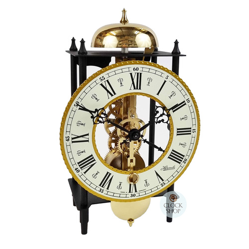 24cm Black & Brass Mechanical Skeleton Table Clock With Bell Strike By HERMLE 
