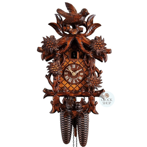 Bird & Edelweiss Flowers 8 Day Mechanical Carved Cuckoo Clock 36cm By SCHWER