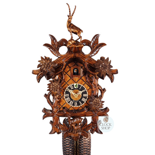 Alpine Goats & Edelweiss Flowers 8 Day Mechanical Carved Cuckoo Clock 38cm By HÖNES image