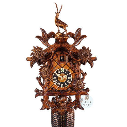 Alpine Goats & Edelweiss Flowers 8 Day Mechanical Carved Cuckoo Clock 38cm By HÖNES