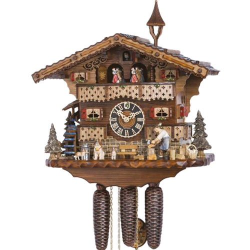 Wood Chopper & Dogs 8 Day Mechanical Chalet Cuckoo Clock With Dancers 34cm By HÖNES