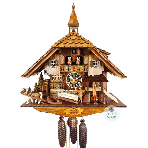 Horse & Saw Mill Logger 8 Day Mechanical Chalet Cuckoo Clock With Dancers 58cm By HÖNES image