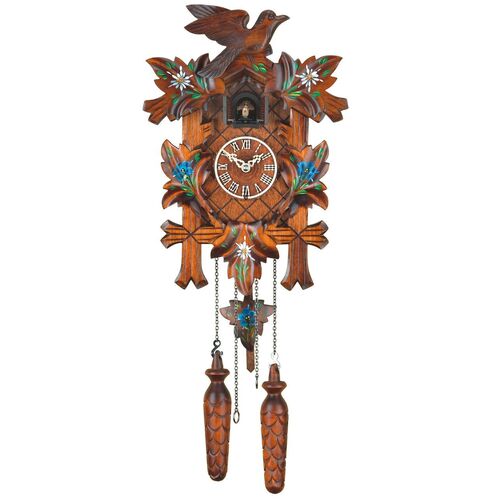 5 Leaf & Bird With Blue & White Flowers Battery Carved Cuckoo Clock By TRENKLE