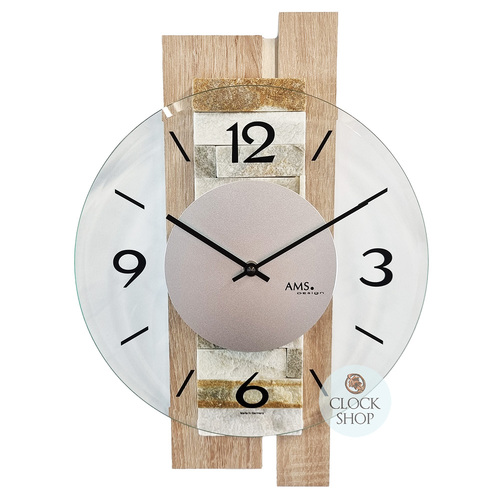40cm Stone Inlay & Beech Wall Clock With Glass Dial By AMS