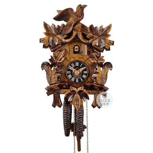 5 Leaf & Bird With Squirrels 1 Day Mechanical Carved Cuckoo Clock 22cm By ENGSTLER