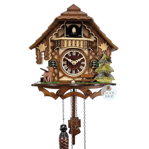 Deer with Bench Seat and Edelweiss Battery Chalet Cuckoo Clock 24cm By ENGSTLER
