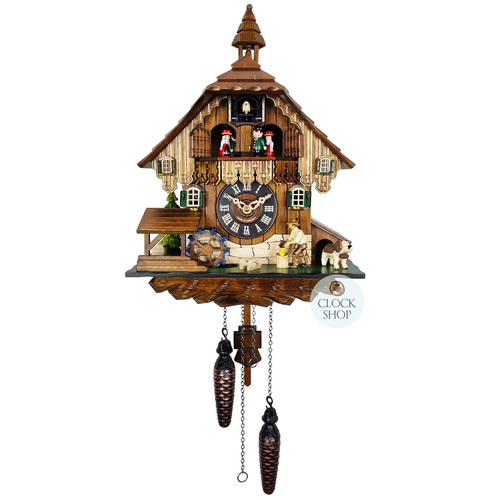 Wood Chopper & Water Wheel Battery Chalet Cuckoo Clock With Bell Tower 35cm By ENGSTLER