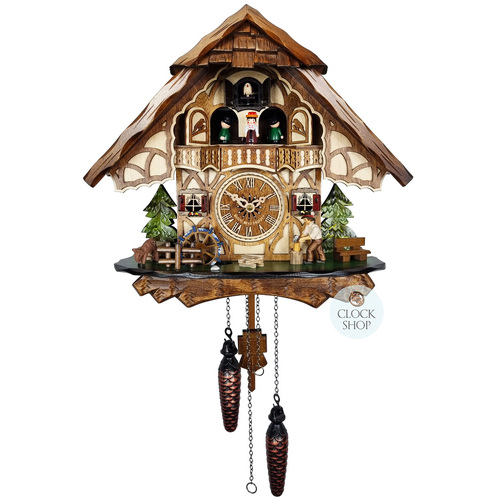 Wood Chopper, Dancers & Water Wheel Battery Chalet Cuckoo Clock 34cm By ENGSTLER